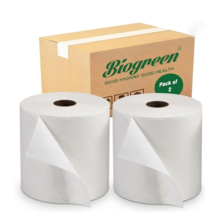 Biogreen Hand Roll Paper Towel 300m (150m Pack of 2) | 100% Virgin Fibre 1-Ply | For Commercial Kitchens Offices Restaurants Hotels | Universal Dispenser Compatible | Reduces Wastage Single Sheet